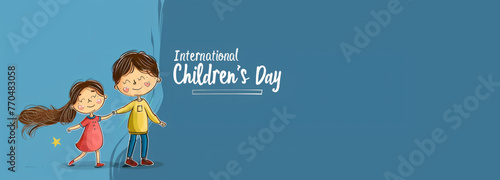 Banner with running children on a blue background. The concept of International Children's Day.