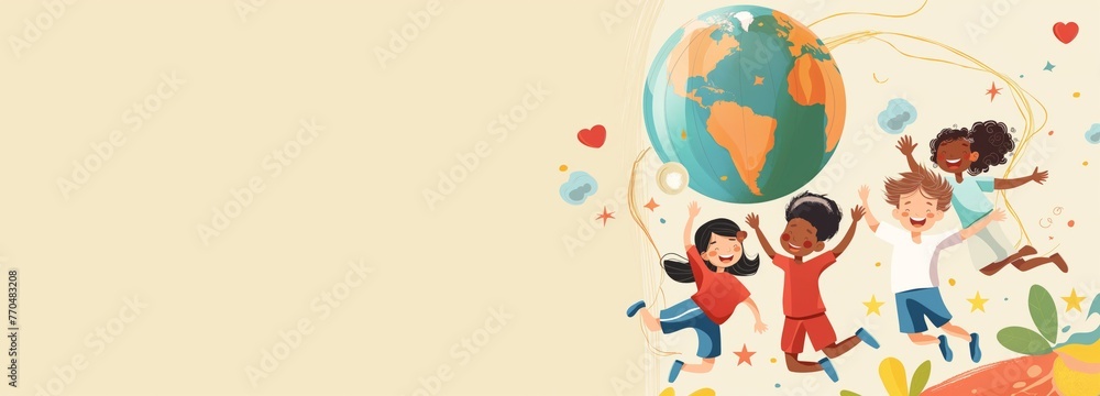 Children jumping for joy on the background of the globe on a green background. The concept of International Children's Day.	
