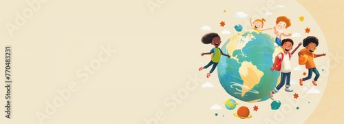 Children jumping for joy on the background of the globe on a green background. The concept of International Children's Day.	

