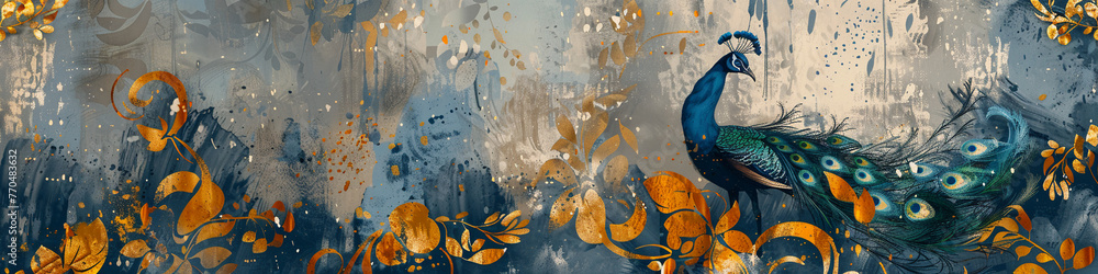 artistic background featuring abstract peacock motifs intertwined with retro, nostalgic golden brushstrokes