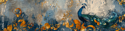 artistic background featuring abstract peacock motifs intertwined with retro, nostalgic golden brushstrokes photo