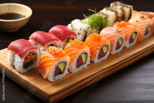 Assortment of fresh sushi and sashimi displayed on a wooden platter with vibrant colors and garnishes