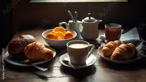 Breakfast with coffee, croissants and oranges on wooden table