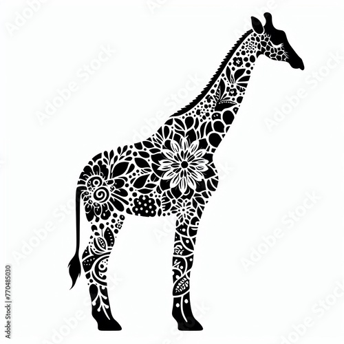 A silhouette of a giraffe made up of various floral patterns.