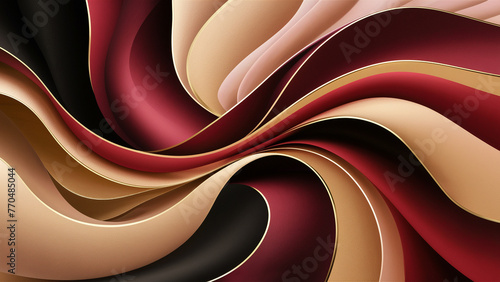 An abstract design that exhibits an intriguing wavy pattern interacting with a harmonious fusion of red, gold, and beige hues.