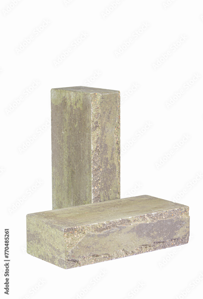 Building Materials Ideas. Pair of Solid Artificially Aged Green Bricks for Building Construction Works Isolated on White