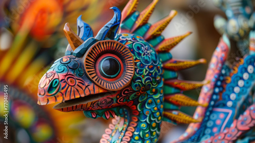 Colorful alebrije sculpture of a dragon with exquisite and vibrant hand-painted detailing, embodying traditional Mexican folk art