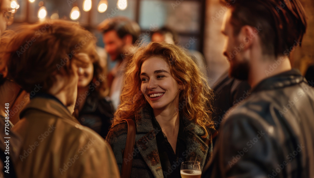 smiling men and women in their thirties at the booth of an outdoor brand, talking to each other about technical details of hiking. Generative AI. smiling men and women in their thirties at the booth of an outdoor brand, talking to each other about technical details of hiking. Generative AI.