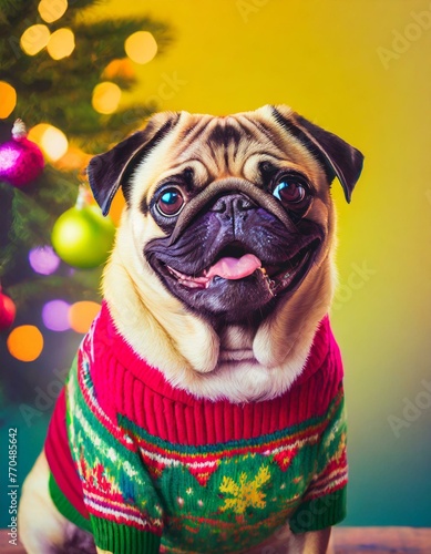 Pug dog christmas portrait