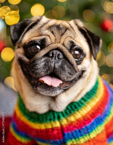 Pug dog portrait wearing a 
christmas sweater