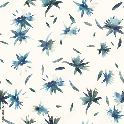 A whimsical watercolor pattern featuring abstract floral splashes in marlin and capri blues, sprinkled with chambray blue accents, creating a dreamy and artistic backdrop.