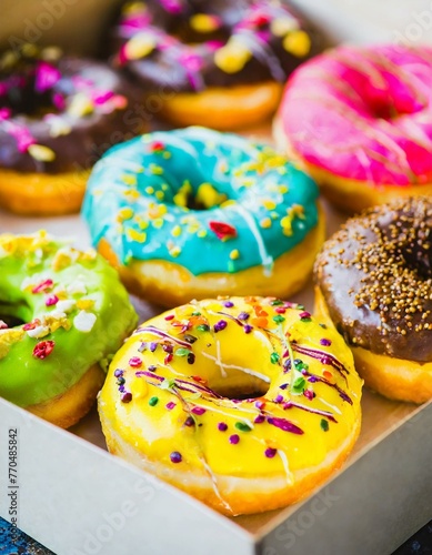 Colorful donuts in a box  close-up