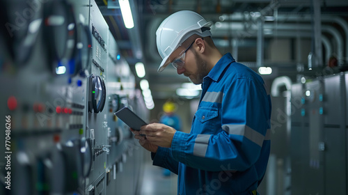 Technician Inspecting Control Panel with Tablet. Engineer in a hard hat and safety glasses uses a tablet to inspect and monitor a sophisticated industrial control panel. photo