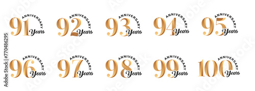 set of anniversary logos from 91 year to 100 years with gold numbers on a white background for celebratory moments,celebration event.