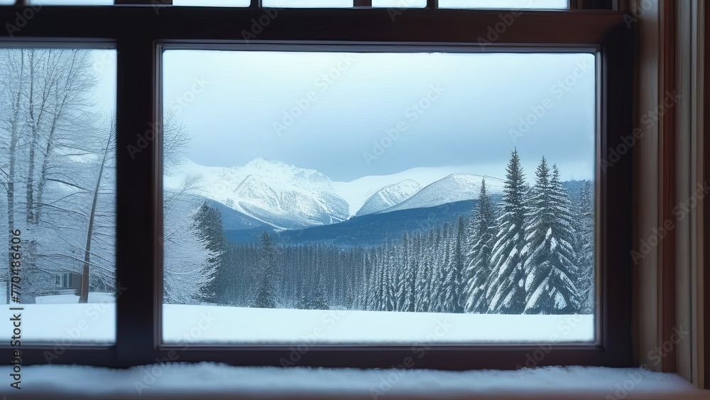 A window view of a snowy mountain range with a cabin in the distance. The scene is peaceful and serene, with the snow-covered landscape creating a sense of calm and tranquility A window view of a snowy mountain range with a cabin in the distance. The scene is peaceful and serene, with the snow-covered landscape creating a sense of calm and tranquility