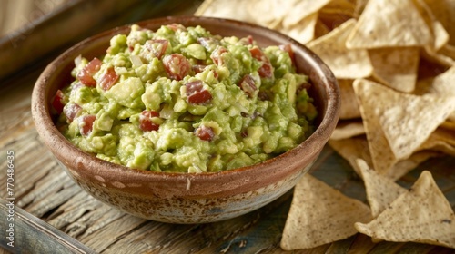 A traditional bowl of chunky guacamole mixed with fresh tomatoes and onions, served with tortilla chips, ideal for sharing.