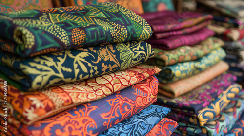 Close-up of an array of batik fabric rolls, highlighting the intricate patterns and rich colors in traditional crafting
