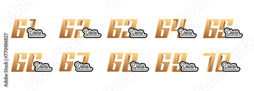 set of anniversary logos from 61 year to 70 years with gold numbers on a white background for celebratory moments,celebration event.