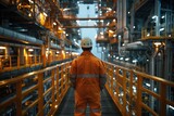 Oil Worker in Coveralls Inspecting Rig Corridor. Worker in orange safety coveralls stands at the ready in a vast corridor of an offshore oil rig, contemplating the complex network of pipes and valves.