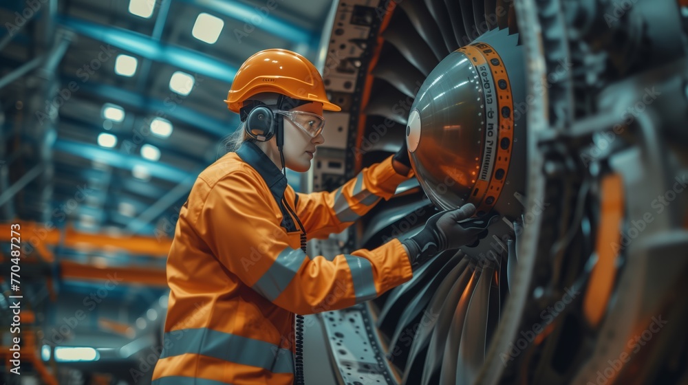 Aviation engineer in safety gear meticulously inspecting the turbine of a commercial airplane, using advanced diagnostic tools, in the spacious aircraft repair factory.