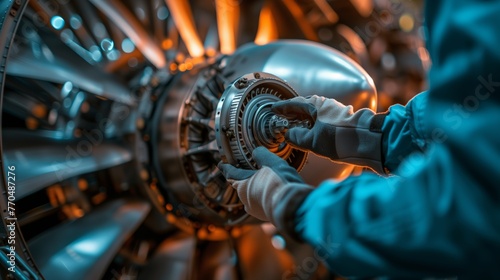 Close-up of an aeronautical engineer's hands adjusting components inside the jet engine of a commercial airplane in the spacious aircraft repair factory.