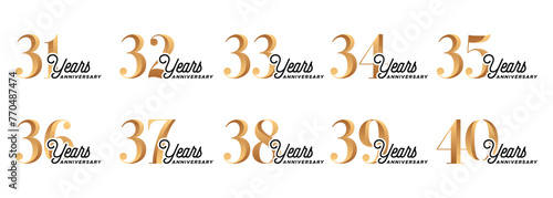 set of anniversary logos from 31 year to 40 years with gold numbers on a white background for celebratory moments,celebration event. photo