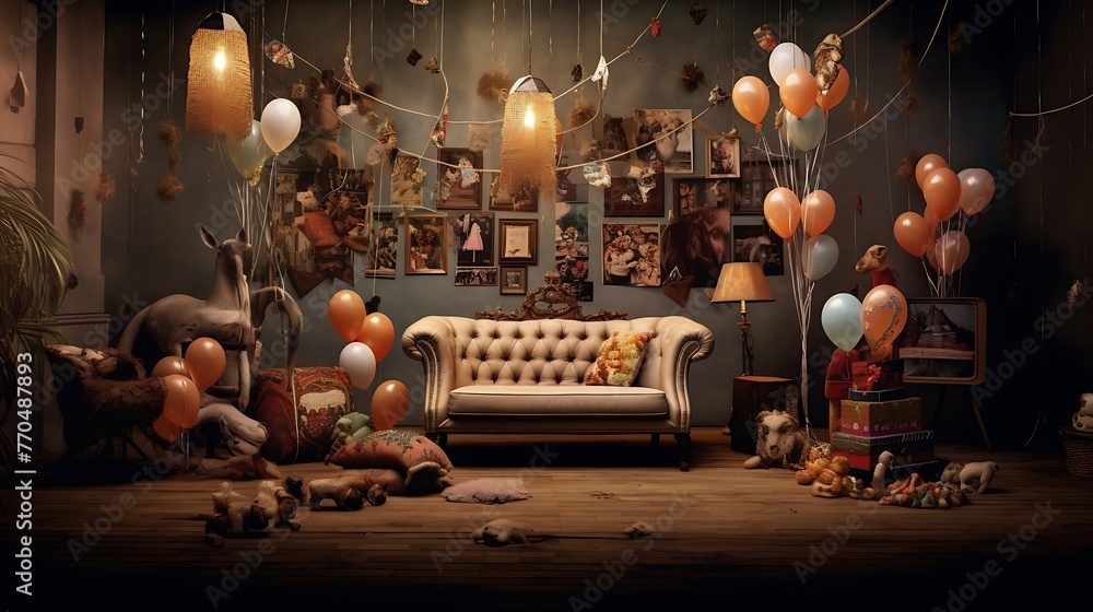 an imaginative image of a birthday celebration with AI, paying special attention to a photo zone adorned with a plush couch and stylish wicker armchairs