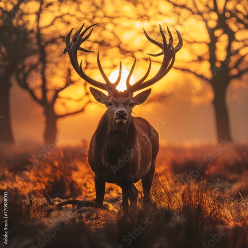 large magestic deer with big pointy antlers standing in a clearing at sun set 