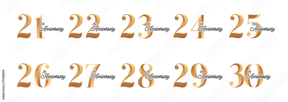 set of anniversary logos from 21 year to 30 years with gold numbers on a white background for celebratory moments set of anniversary logos from 21 year to 30 years with gold numbers on a white background for celebratory moments