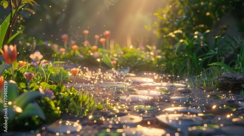 The garden path glimmers under a dawn sky, with each water droplet reflecting the tranquil morning light, bringing the greenery to life. © Oksana Smyshliaeva