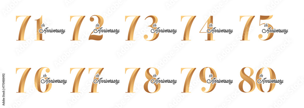 set of anniversary logos from 71 year to 80 years with gold numbers on a white background for celebratory moments,celebration event. set of anniversary logos from 71 year to 80 years with gold numbers on a white background for celebratory moments,celebration event.