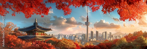 Autumn's embrace at Namsan Tower and pavilion, a canvas of fall colors in the heart of Seoul