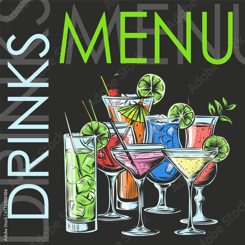 Drinks Menu Card Design template. Template for Bar menu alcohol drink. Colorful vector engraving for bar menu, special offer, happy hour, invitation to party. Blue lagoon, mojito, vermouth