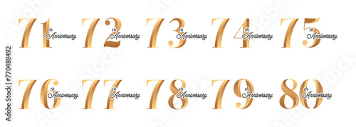 set of anniversary logos from 71 year to 80 years with gold numbers on a white background for celebratory moments,celebration event.