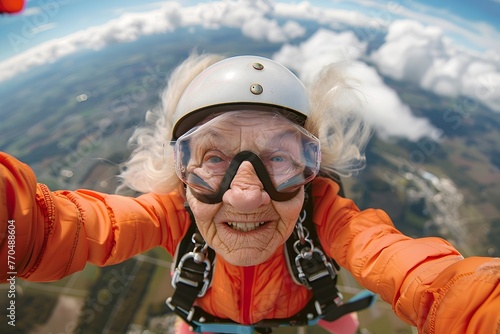 Courageous Elderly Skydiver Captures Aerial Selfie in Exhilarating Freefall Adventure