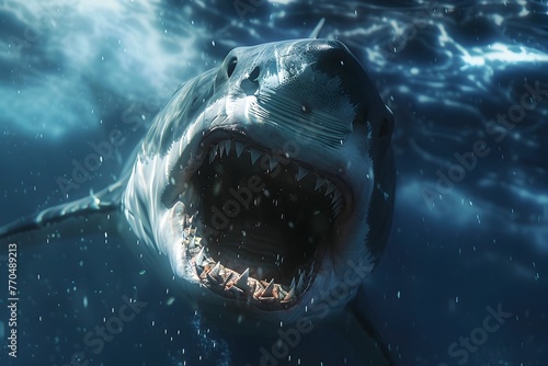Ferocious Great White Shark Lunging Underwater with Jaws Agape and Sharp Teeth Visible in Dramatic Marine Predator Attack