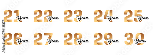 set of anniversary logos from 21 year to 30 years with gold numbers on a white background for celebratory moments photo