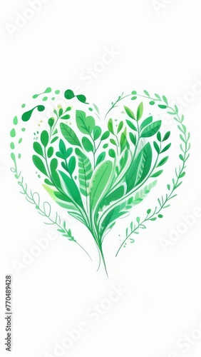 A heart made of leaves and flowers. The heart is green and white. The leaves and flowers are arranged in a way that makes it look like a heart. Ecology theme. Eco-friendly dishes.