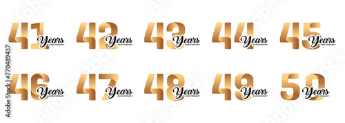 set of anniversary logos from 41 year to 50 years with gold numbers on a white background for celebratory moments,celebration event.