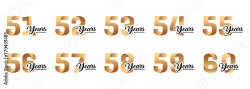 set of anniversary logos from 51 year to 60 years with gold numbers on a white background for celebratory moments,celebration event.