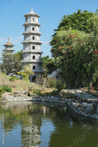 Fukushūen traditional Chinese garden in the Kume area of Naha, Okinawa Japan with pagodas and pavilions with single pond extending into most sections of the garden photo