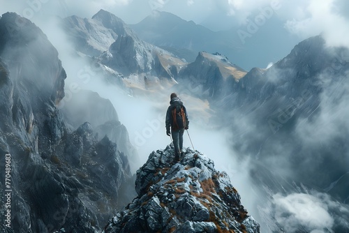 Solitary Hiker Conquers Majestic Mountain Ridge Amidst Misty Landscape of Dramatic Peaks and Cliffs © TEERAWAT