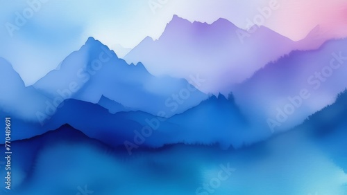 The mountains are blue and the sky is pink. The mountains are very tall and the sky is very clear. Background.