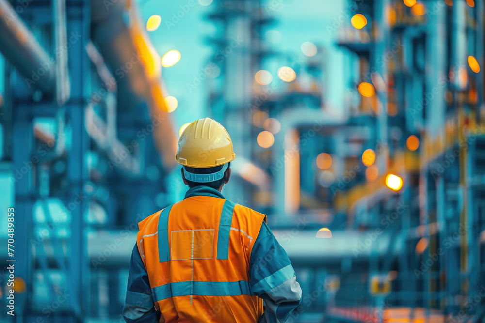Back view of engineer wearing safety clothes and hardhat at industrial plant. Industrial zone area, Generative Ai Back view of engineer wearing safety clothes and hardhat at industrial plant. Industrial zone area, Generative Ai