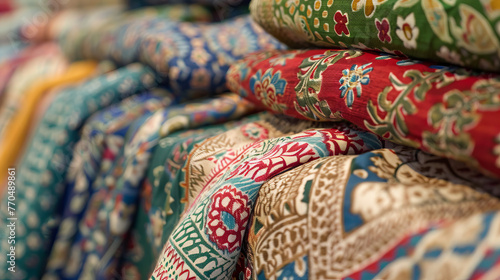 Rolls of fabric adorned with enchanting floral embroidery, capturing the essence of traditional textile artistry