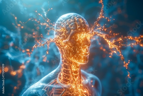 Digital Human Brain Activity Concept with Fiery Neural Network Artificial Intelligence and Machine Learning Visualization
