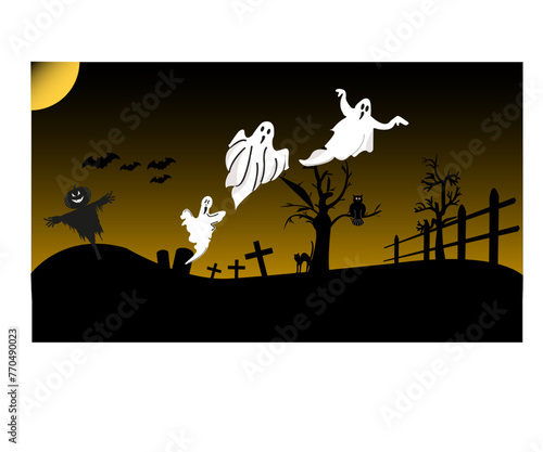 Silhouettes de fantome, chouette, chauve-souris, cimetière, épouventail, chat sur fond de clair de lune	