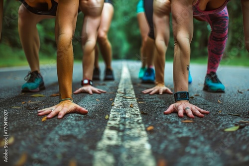 Diverse Group of Athletes in Ready Position for Sprinting on a Track, Fitness and Competition Concept