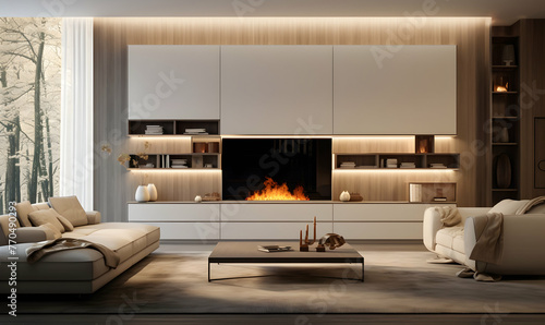 TV in the living room. 3D rendering. Interior design