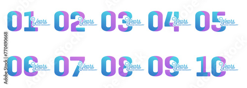 collection of anniversary logos from 1 year to 10 years with colorful modern numbers on a white background for celebratory moments, celebratory events. photo